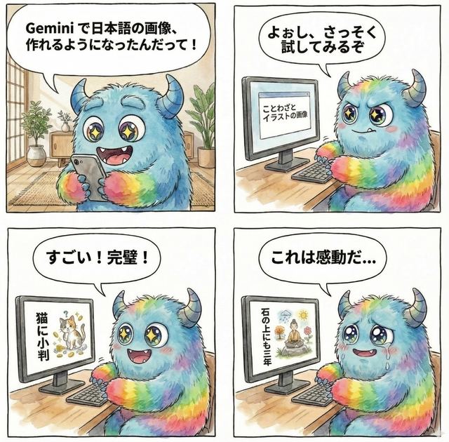 4-panel manga about Gemini generating Japanese text images — AI image prompt sample