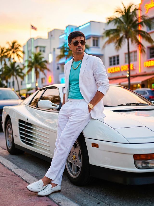 80s Retro Miami Ferrari Portrait — AI image prompt sample