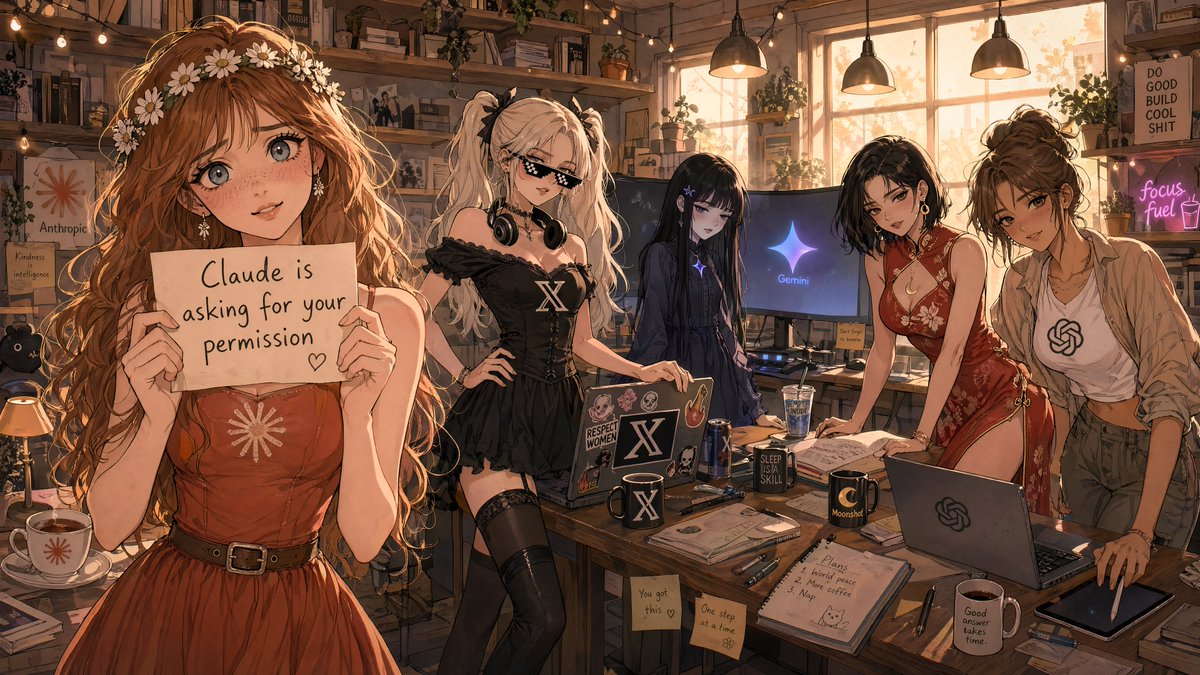 Anime AI Studio Girls at Sunset — AI image prompt sample