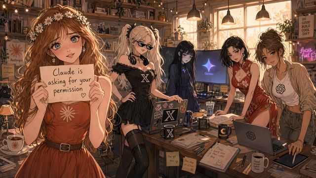 Anime AI Studio Girls at Sunset — AI image prompt sample