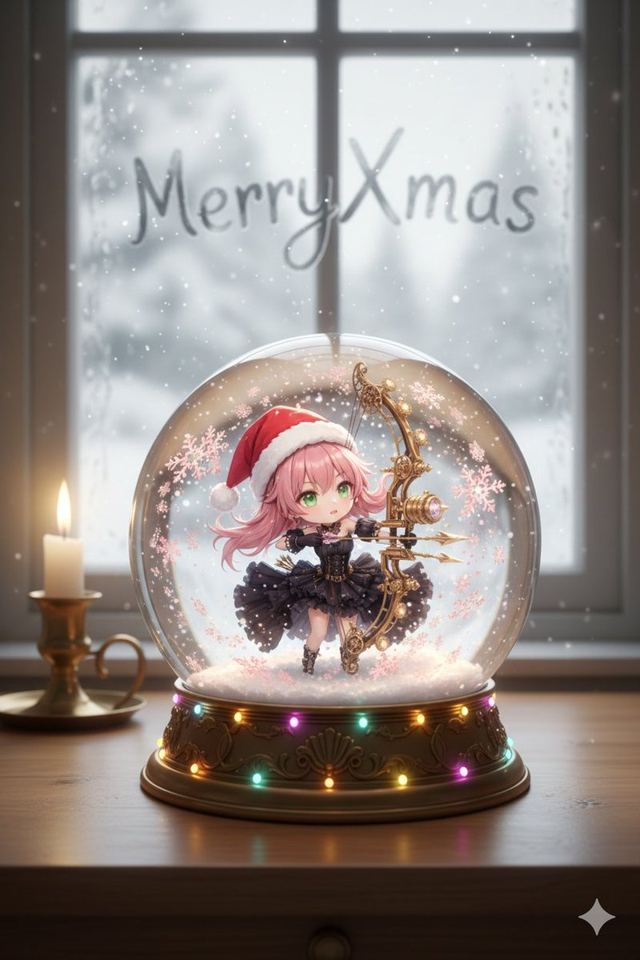Anime Chibi Character in a Photorealistic Christmas Snow Globe — AI image prompt sample