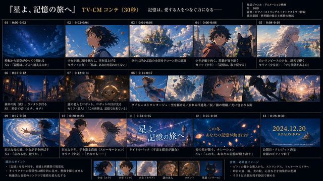 Anime TV CM Storyboard Sheet — AI image prompt sample