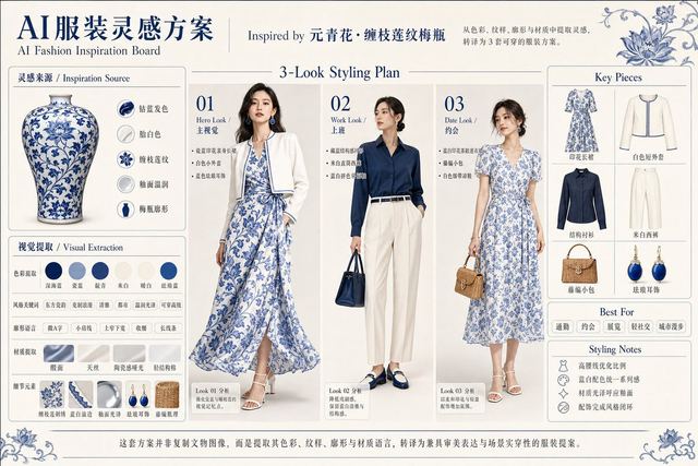 Blue Porcelain Fashion Inspiration Board — AI image prompt sample