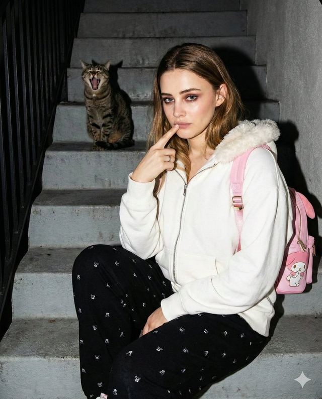 Candid Gen Z Street Style Photo with Hidden Cat — AI image prompt sample