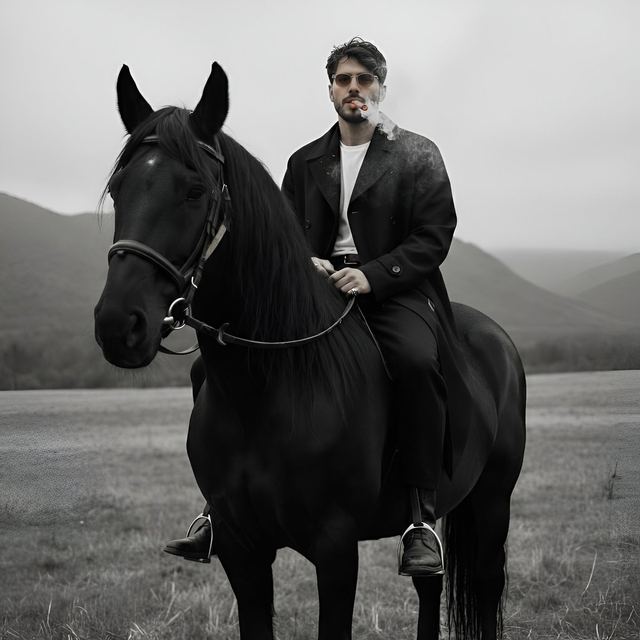 Cinematic Black and White Portrait Prompt of Man with Horse and Cigar — AI image prompt sample