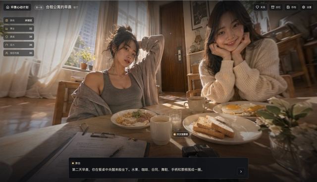 Cinematic Breakfast Dating Sim UI — AI image prompt sample