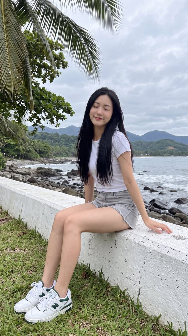 East Asian Woman on Seawall — AI image prompt sample