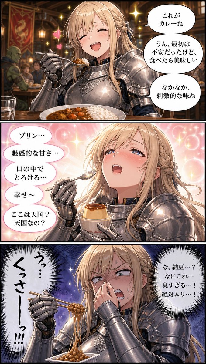 Fantasy Knight Food Reaction Manga — AI image prompt sample