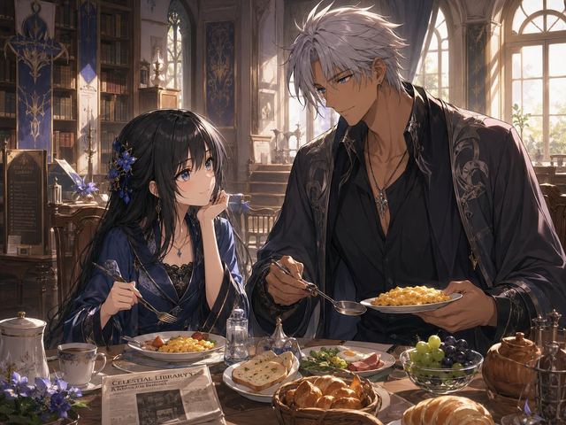 Fantasy Library Breakfast Scene — AI image prompt sample