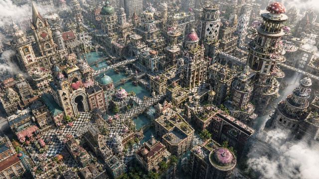 Fantasy Whimsical Downtown Aerial View — AI image prompt sample
