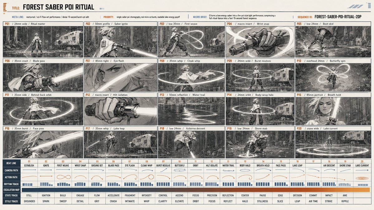 Forest Saber Ritual Storyboard Sheet — AI image prompt sample
