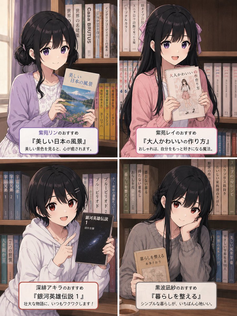 Four Anime Bookshelf Recommendations — AI image prompt sample