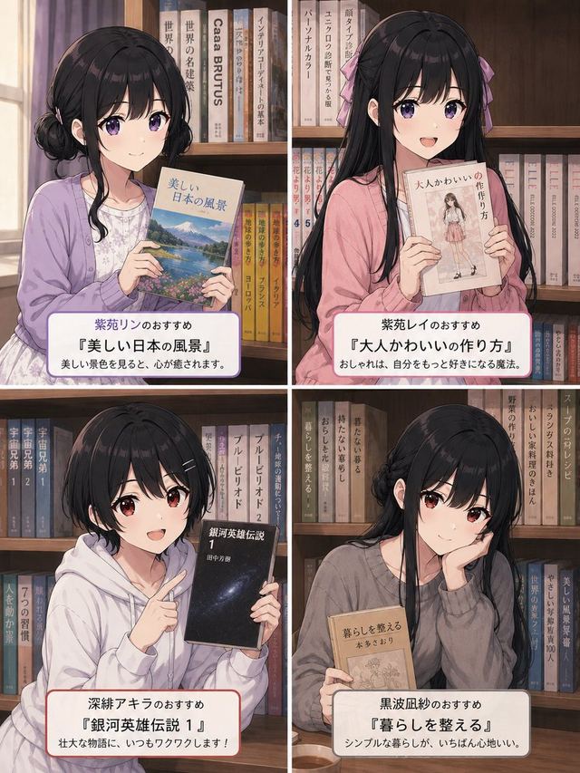 Four Anime Bookshelf Recommendations — AI image prompt sample