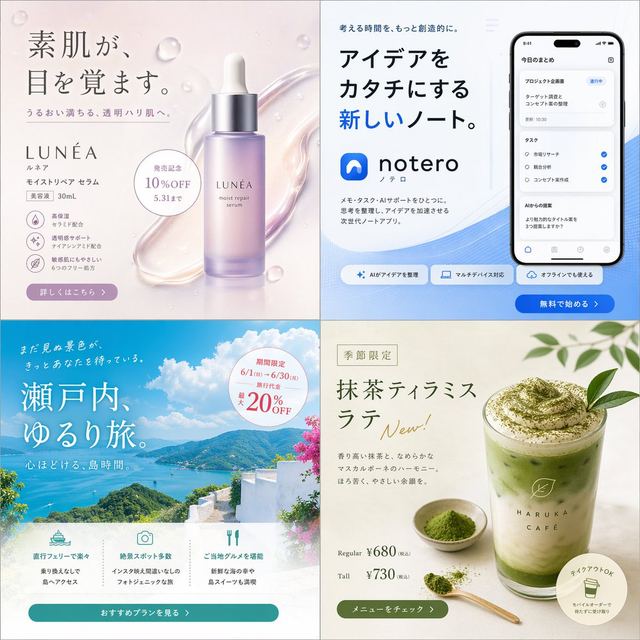 Four Japanese Ad Banner Concepts — AI image prompt sample