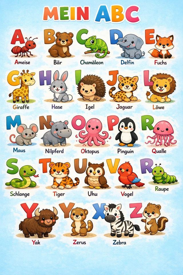 German alphabet poster for children — AI image prompt sample