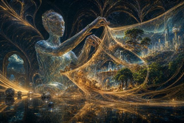 Glass Reality Weaver in Cosmic Hall — AI image prompt sample