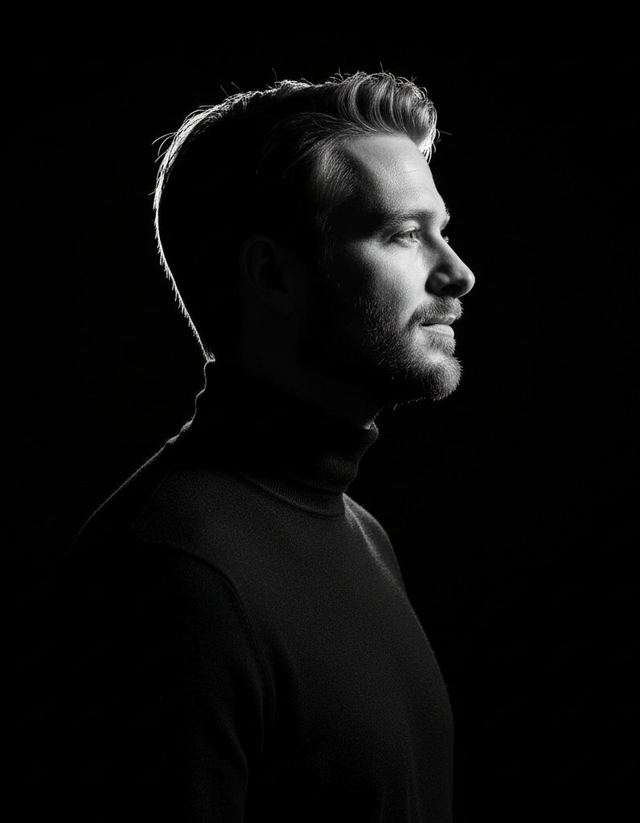 High-contrast rim-lit black and white conceptual side-profile portrait — AI image prompt sample