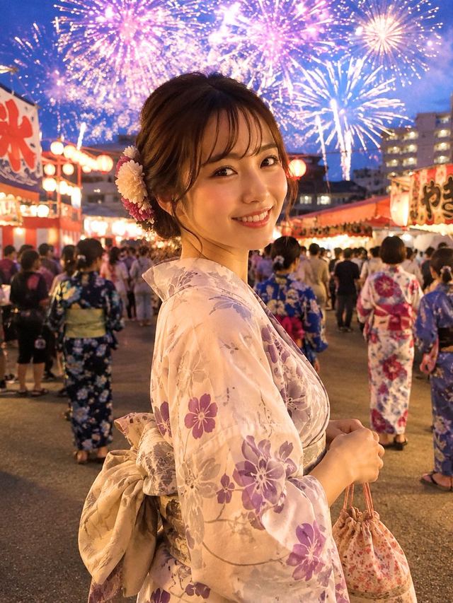 Japanese Fireworks Festival Yukata Portrait — AI image prompt sample