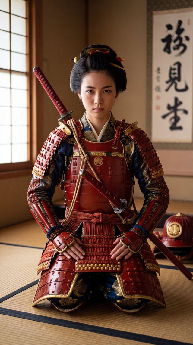 Japanese Samurai Woman in Red Armor — AI image prompt sample