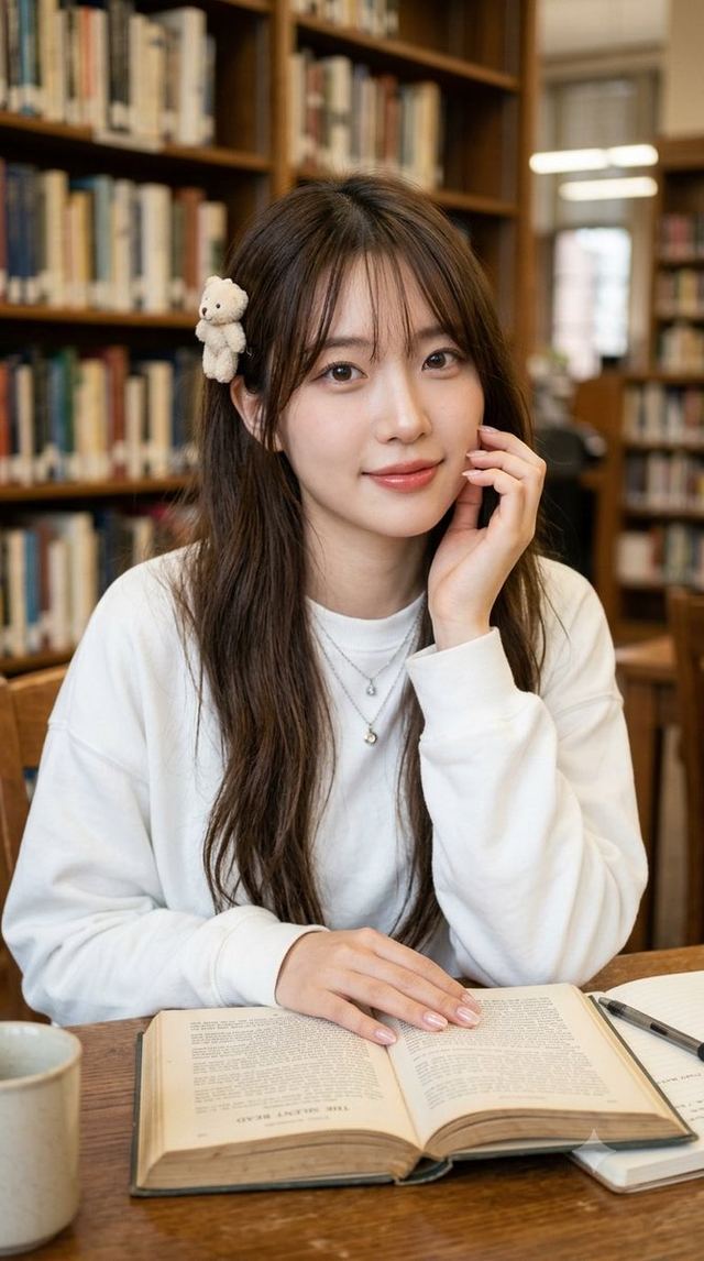 Korean Woman Library Portrait — AI image prompt sample