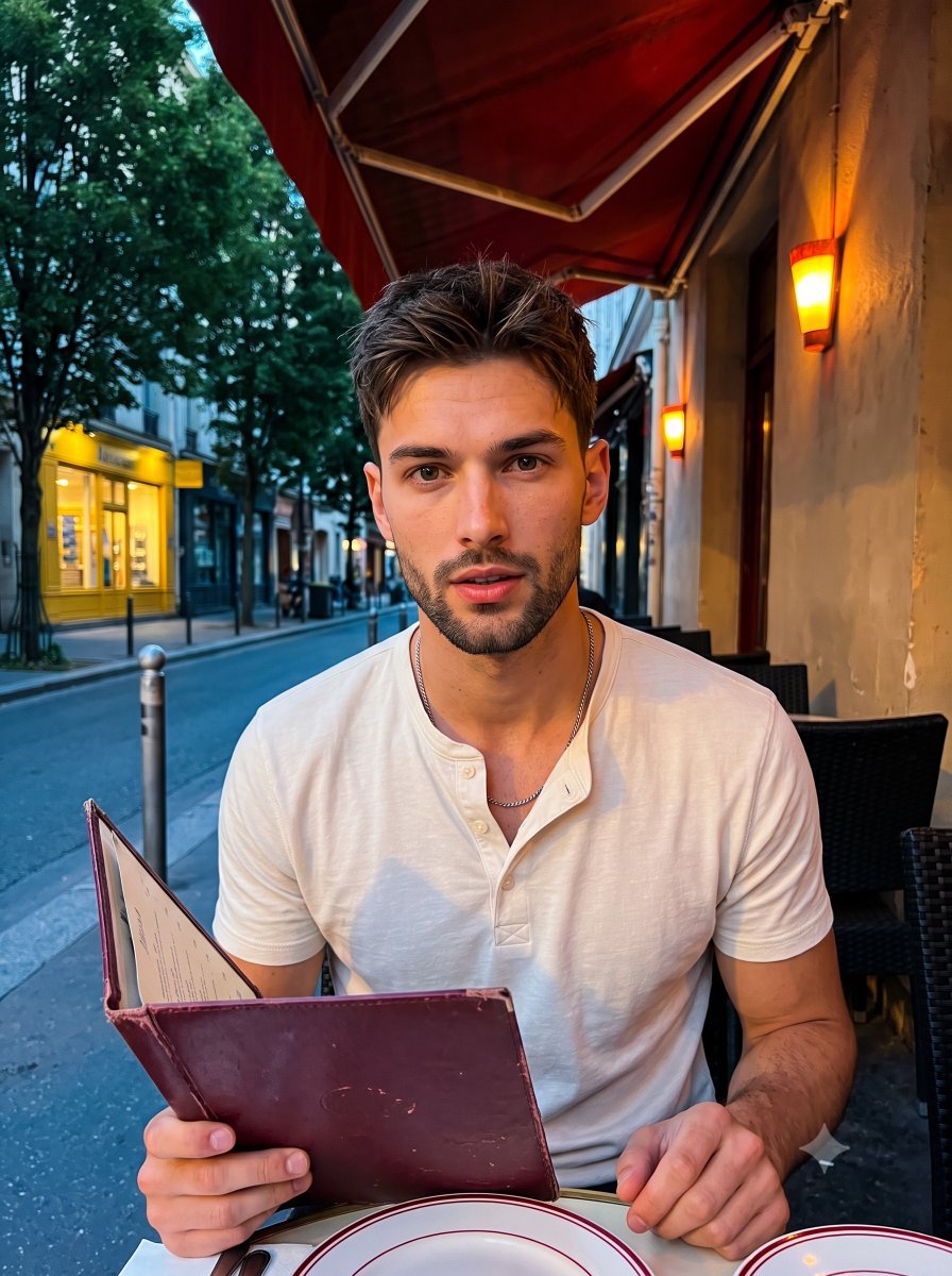Man at Outdoor Cafe Portrait — AI image prompt sample