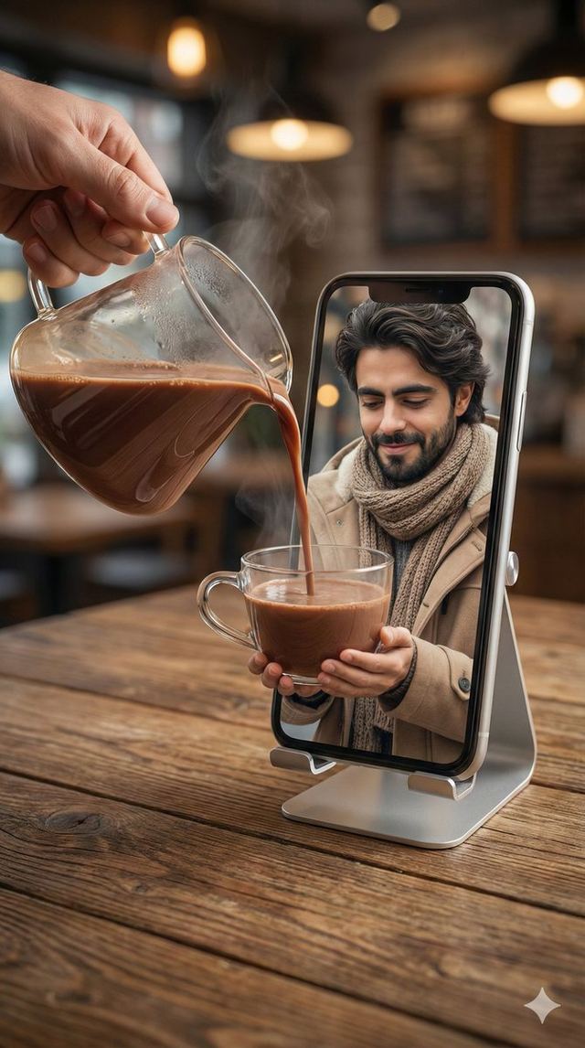 Mixed-Reality Hot Chocolate Pour Prompt (Image-to-Image) — AI image prompt sample