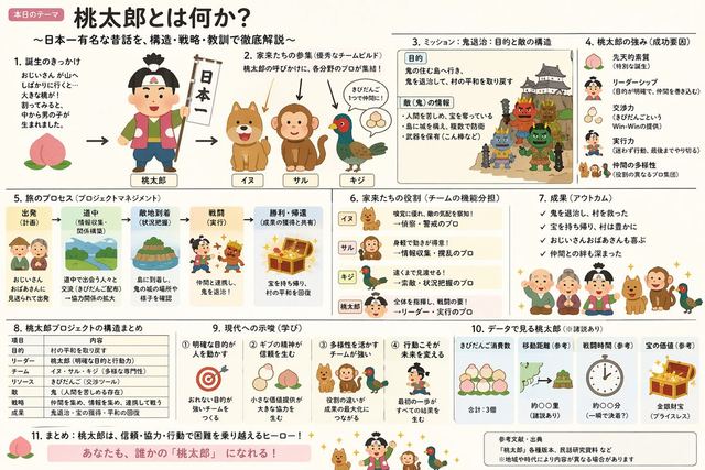 Momotaro Explainer Slide in Hybrid Style — AI image prompt sample