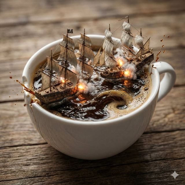 Pirate Sea Battle Inside a Coffee Cup — AI image prompt sample