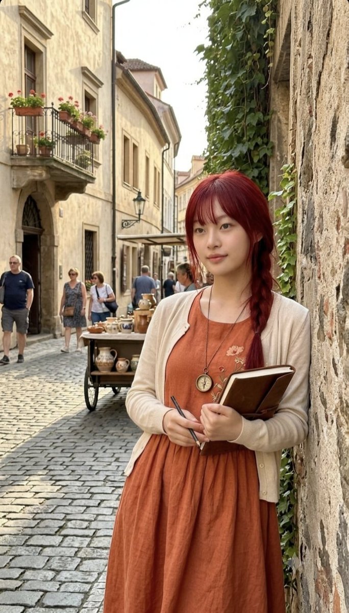 Red-Haired European Traveler Portrait — AI image prompt sample