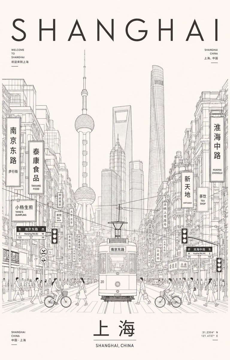 Shanghai Minimalist Line Art Poster — AI image prompt sample