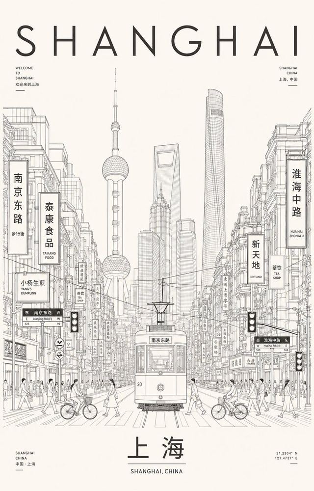 Shanghai Minimalist Line Art Poster — AI image prompt sample