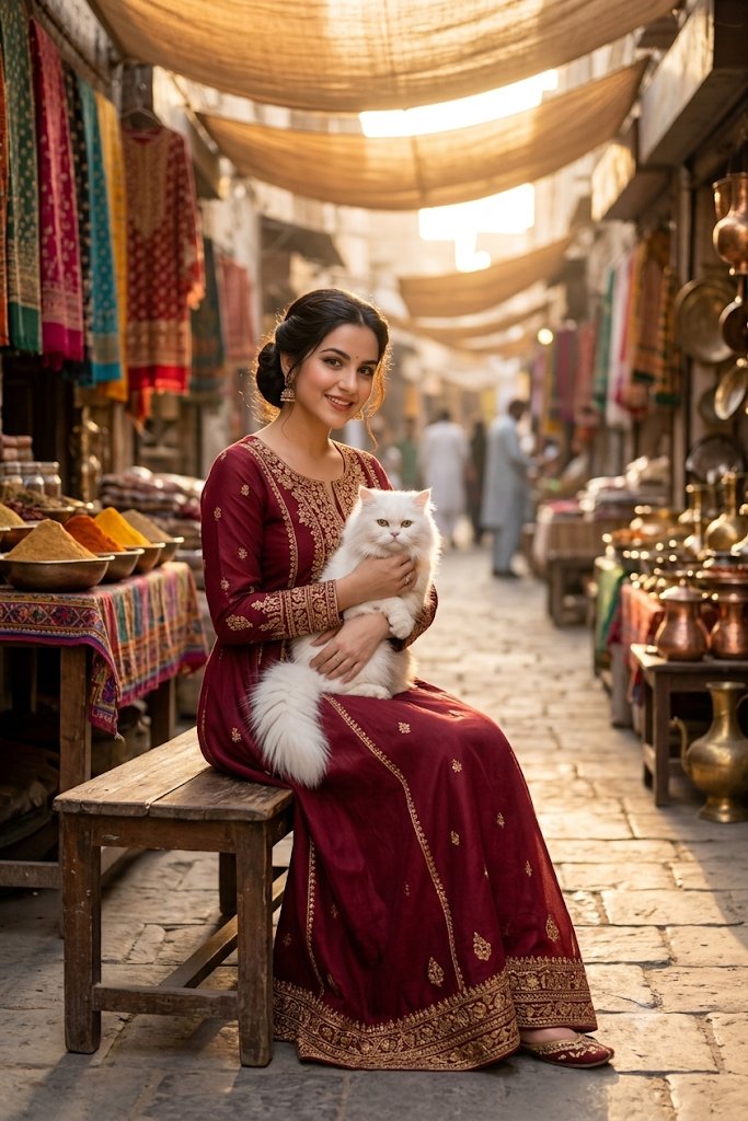 South Asian Woman in Vibrant Bazaar — AI image prompt sample