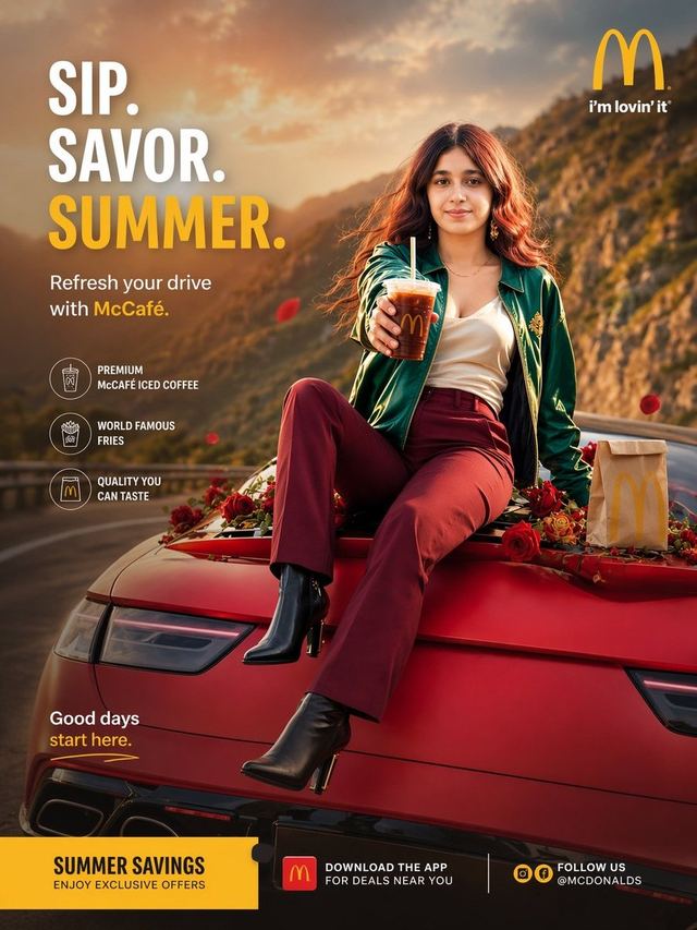 Summer McCafé Mountain Road Ad — AI image prompt sample
