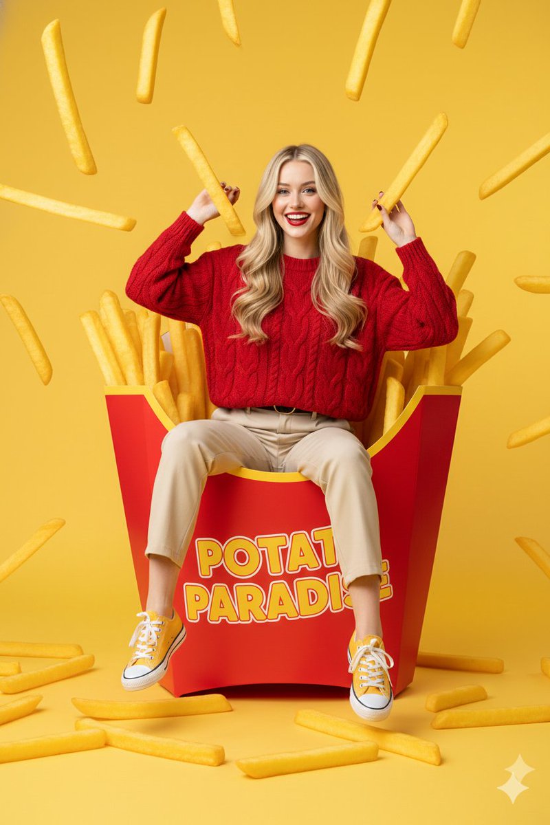 Surreal Commercial Photography: Woman in Giant French Fry Carton — AI image prompt sample