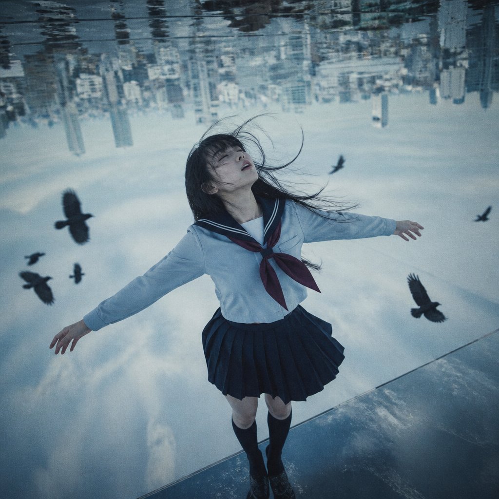 Upside-Down Sky Schoolgirl — AI image prompt sample