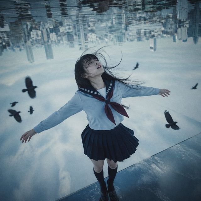 Upside-Down Sky Schoolgirl — AI image prompt sample