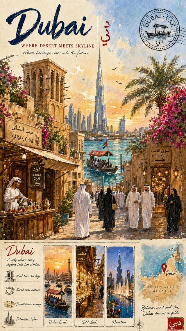 Vintage Dubai Watercolor Travel Poster — AI image prompt sample