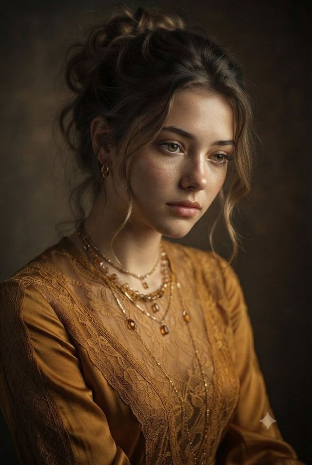 Vintage Mustard Dress Portrait — AI image prompt sample