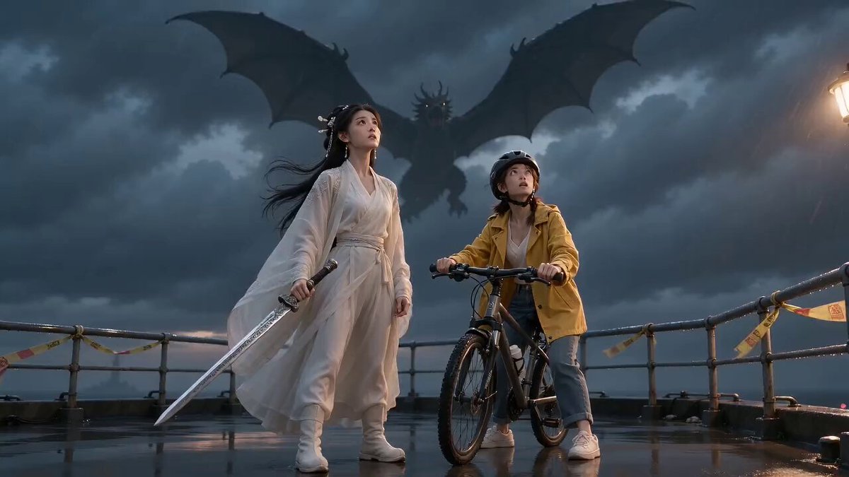 Cinematic Stormy Rooftop Dragon Kite Video — AI video prompt sample