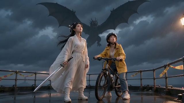 Cinematic Stormy Rooftop Dragon Kite Video — AI video prompt sample