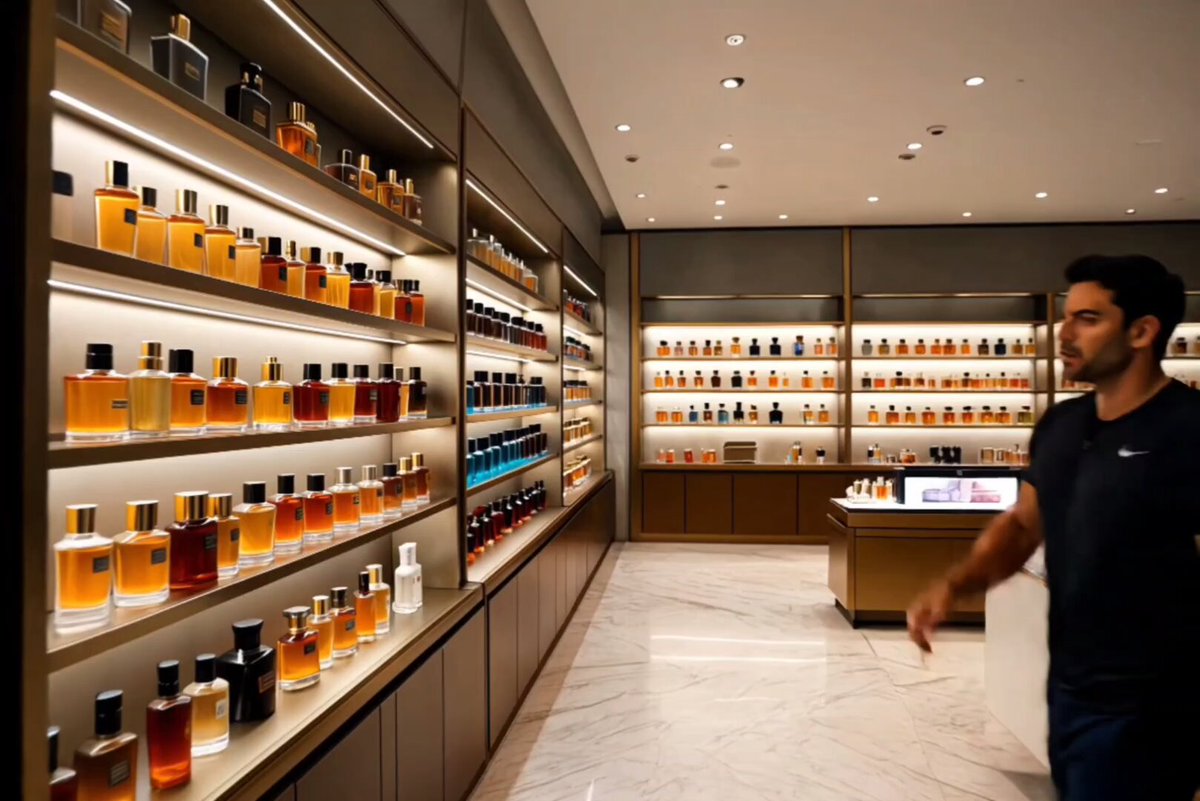 Luxury Perfume Boutique Tracking Shot — AI video prompt sample