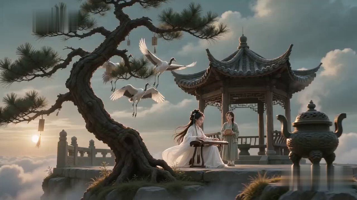 Poetic Martial Arts Comedy: Zither and Cranes — AI video prompt sample